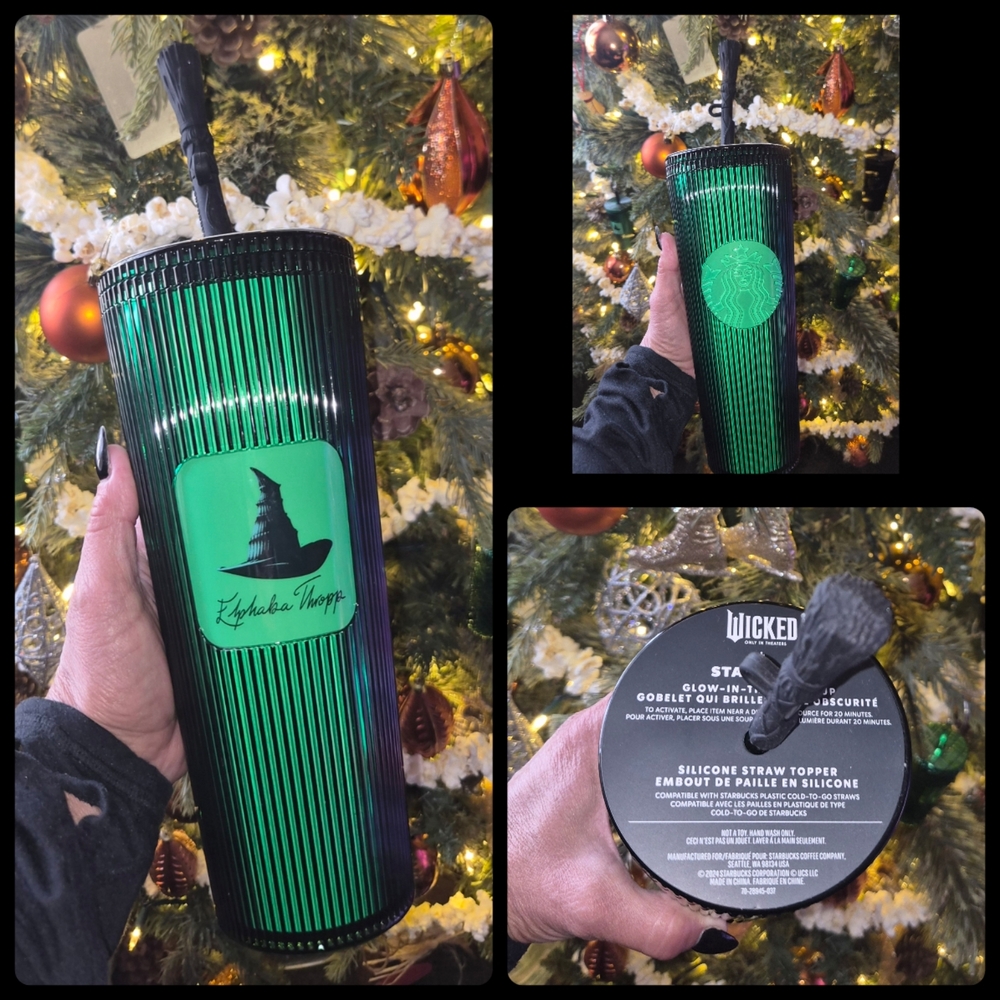 Starbucks WICKED Elphaba Green and Black Tumbler with cute BROOM straw topper!